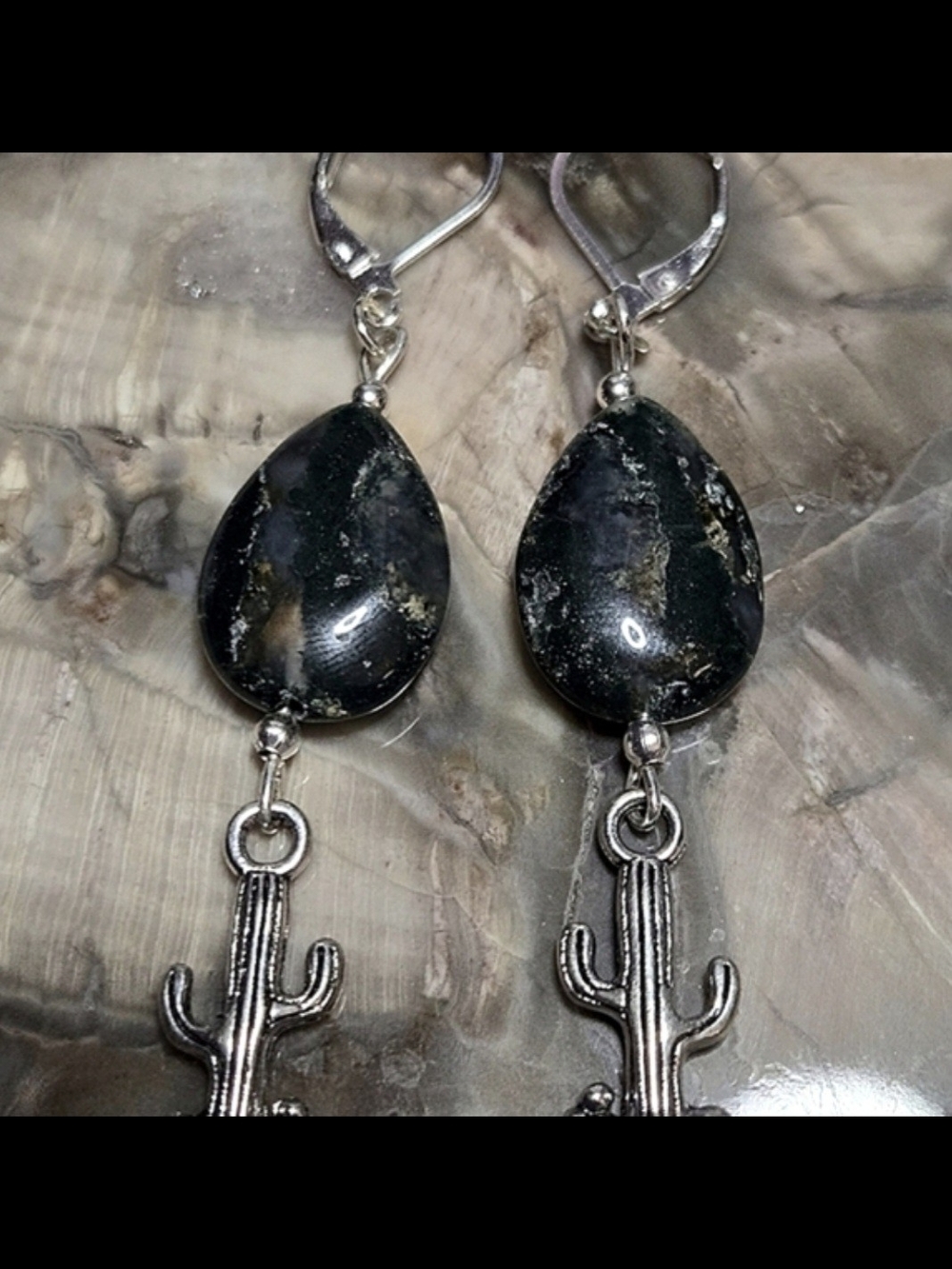 Dark Green Tree Agate Teardrop Stone Earrings with Cactus Charm
